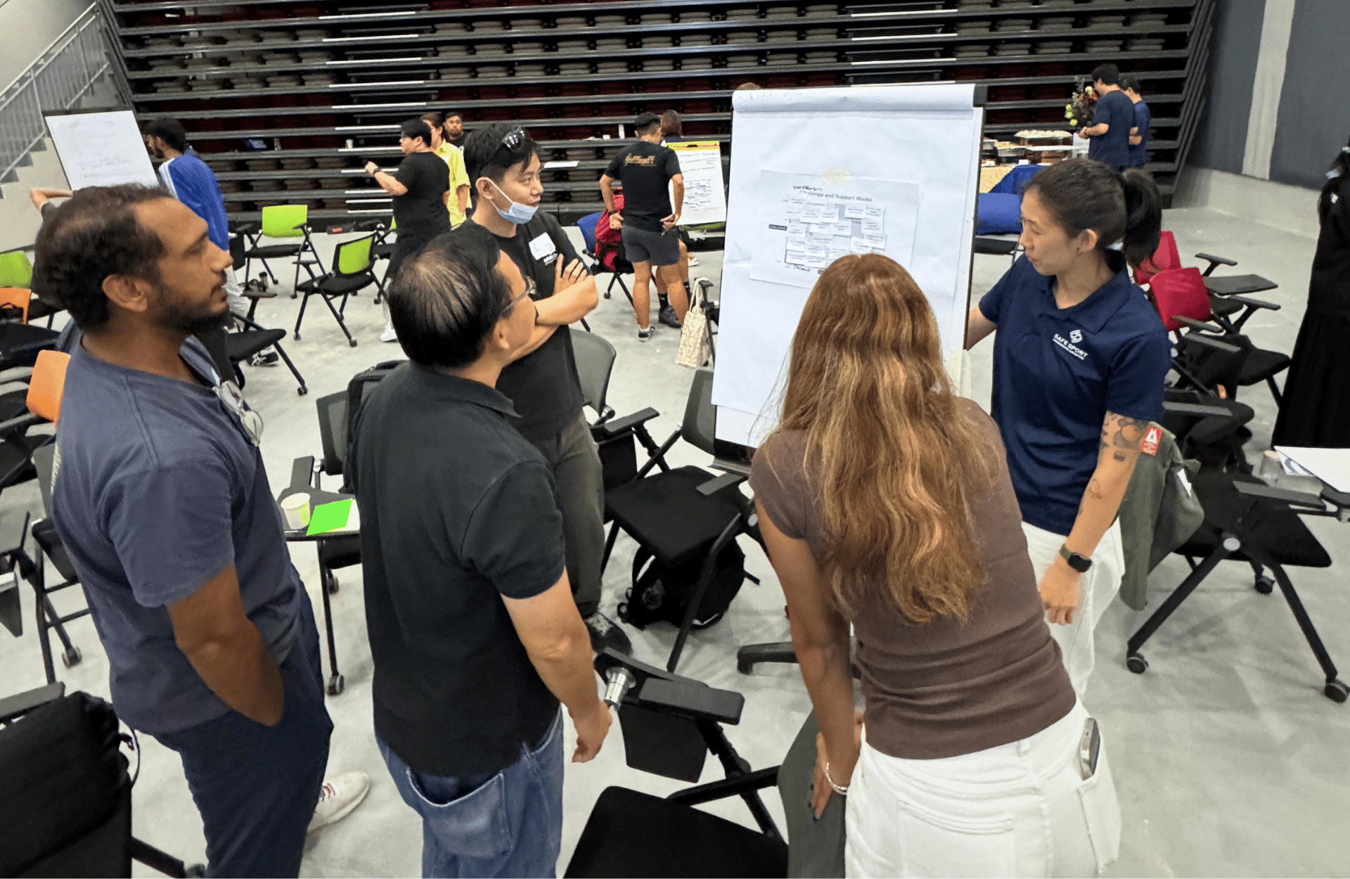 A group of five people stand engaged around a flipchart in a spacious room with scattered chairs